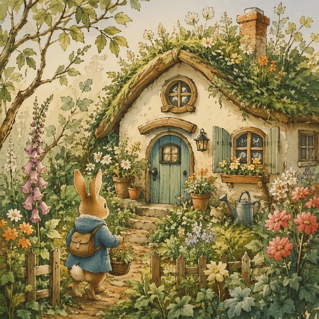 Classic storybook illustration of a playful rabbit exploring a garden path with flowers, vegetables, and warm vintage light.