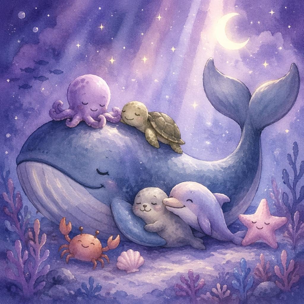 Illustration aquarelle d’une baleine avec ses amis marins, ambiance du coucher, palette lavande douce et lumière chaleureuse.