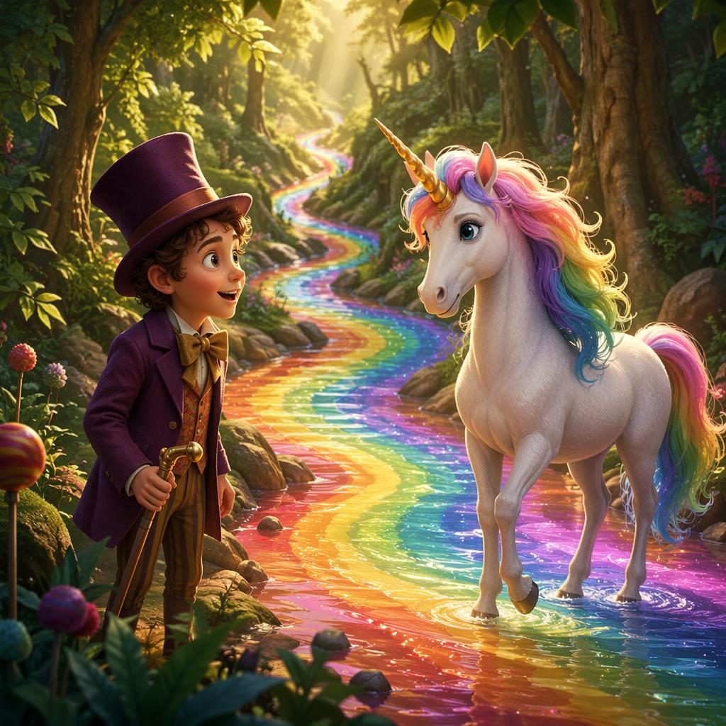 Cute unicorn by a rainbow river in a forest, heroic mood, warm storybook lighting, green palette, children's book style