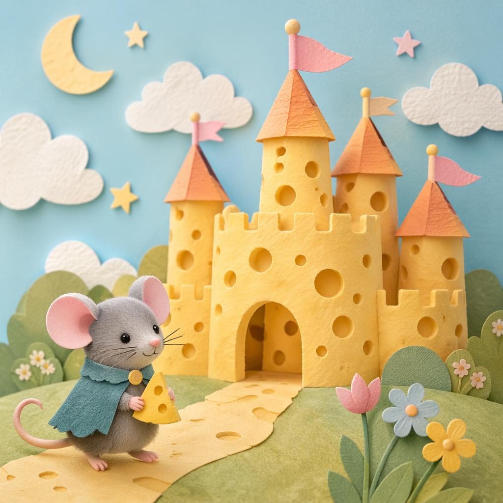 Paper-cut style mouse beside a cheese castle in soft pastel colors, dreamy storybook lighting, board book illustration
