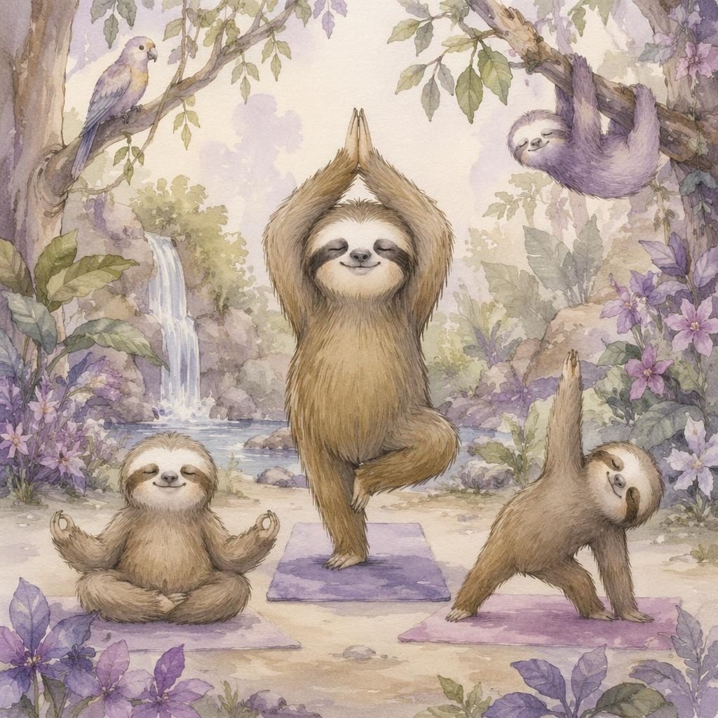 Whimsical watercolor sloth doing yoga in a dreamy lavender jungle, styled like a gentle board book illustration.