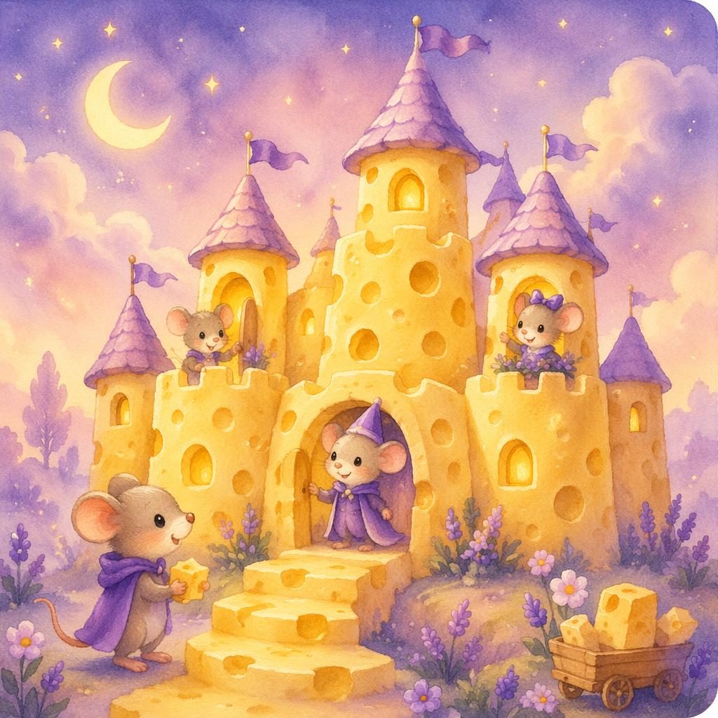 Aquarell-Illustration einer kleinen Maus vor einem Käse-Schloss in lavendelfarbenem, verträumtem Licht.