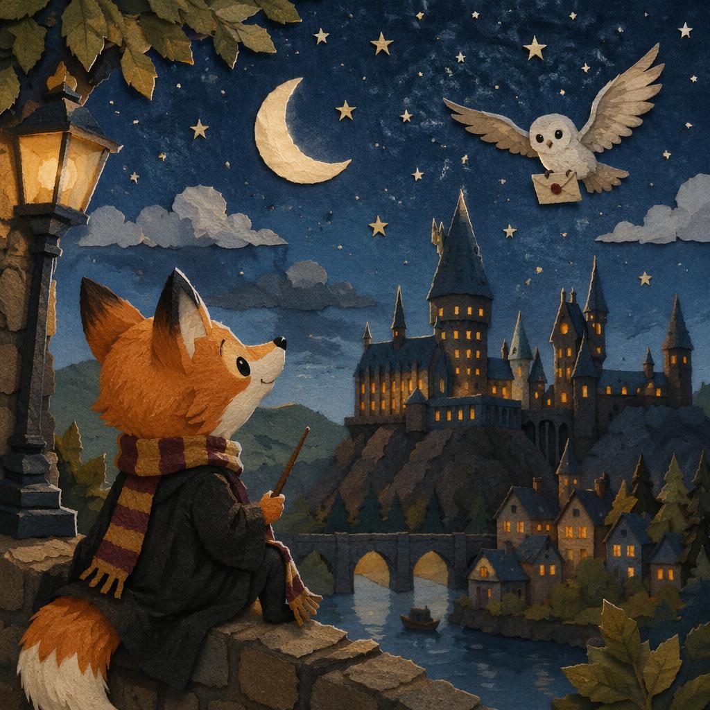 Paper-cut style illustration of a curious fox under a soft pastel night sky with stars, cozy bedtime lighting