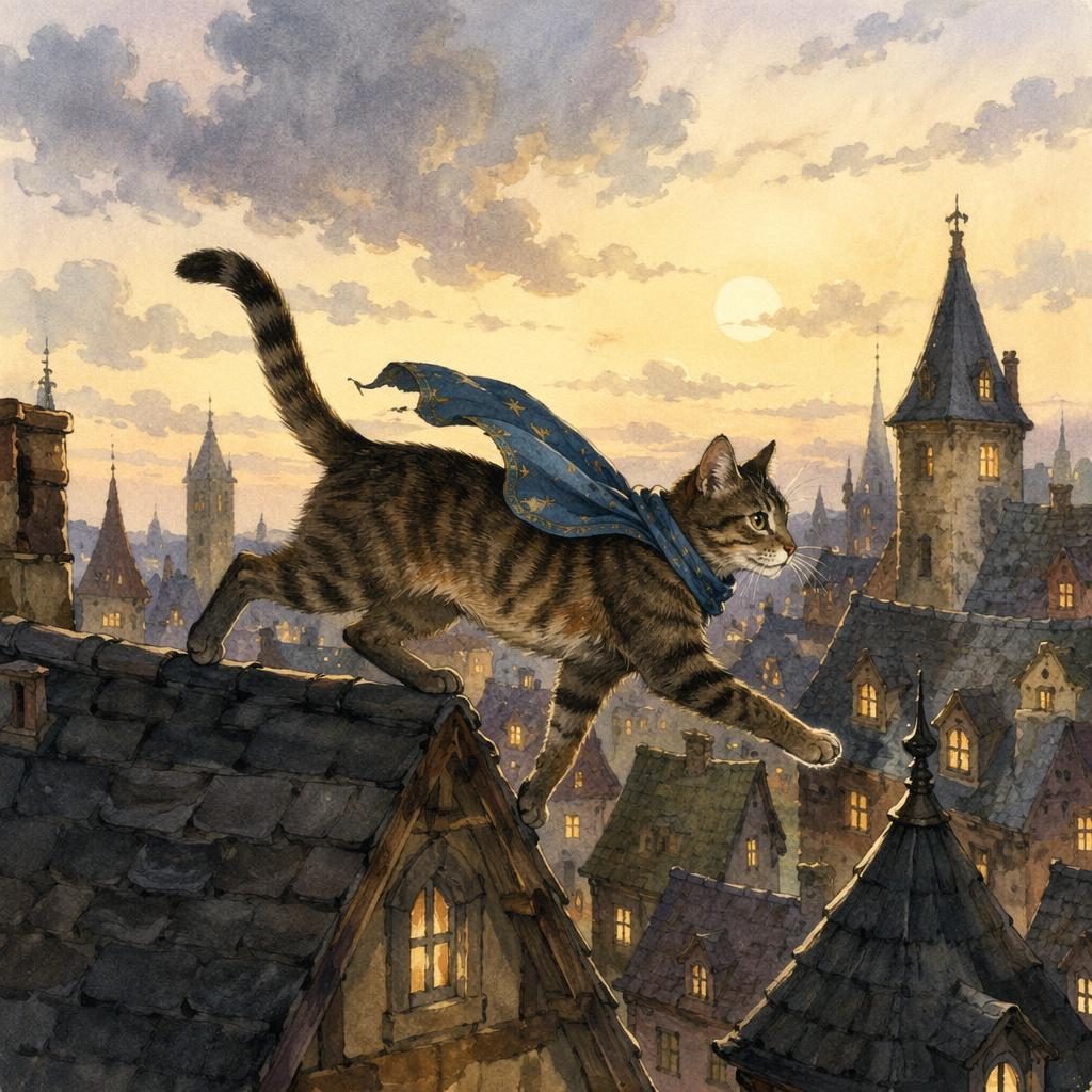 Illustration pour enfants d’un chat héroïque sur les toits, palette vintage douce et lumière chaleureuse de conte