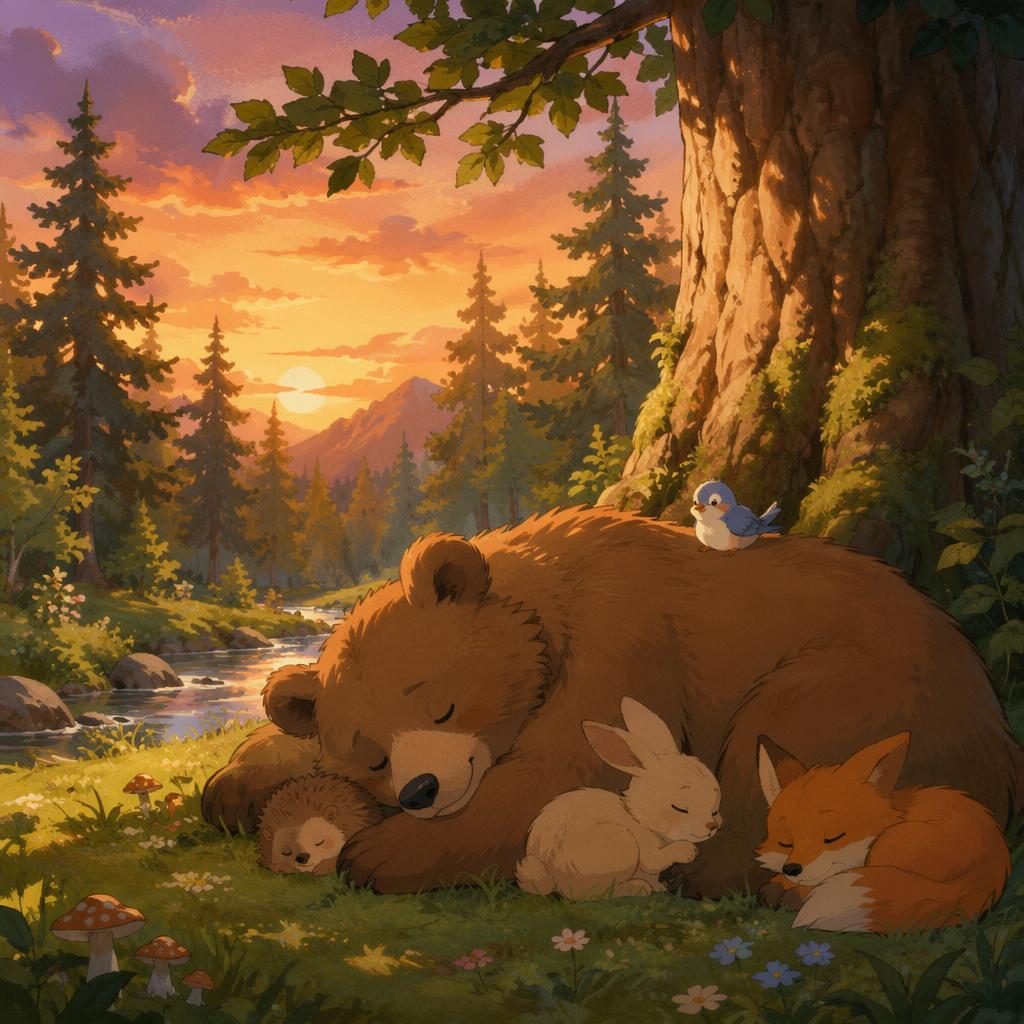 Schläfriger Bär im warmen Wald bei Sonnenuntergang, im japanisch inspirierten Kinderbuchstil für 4–7 Jahre