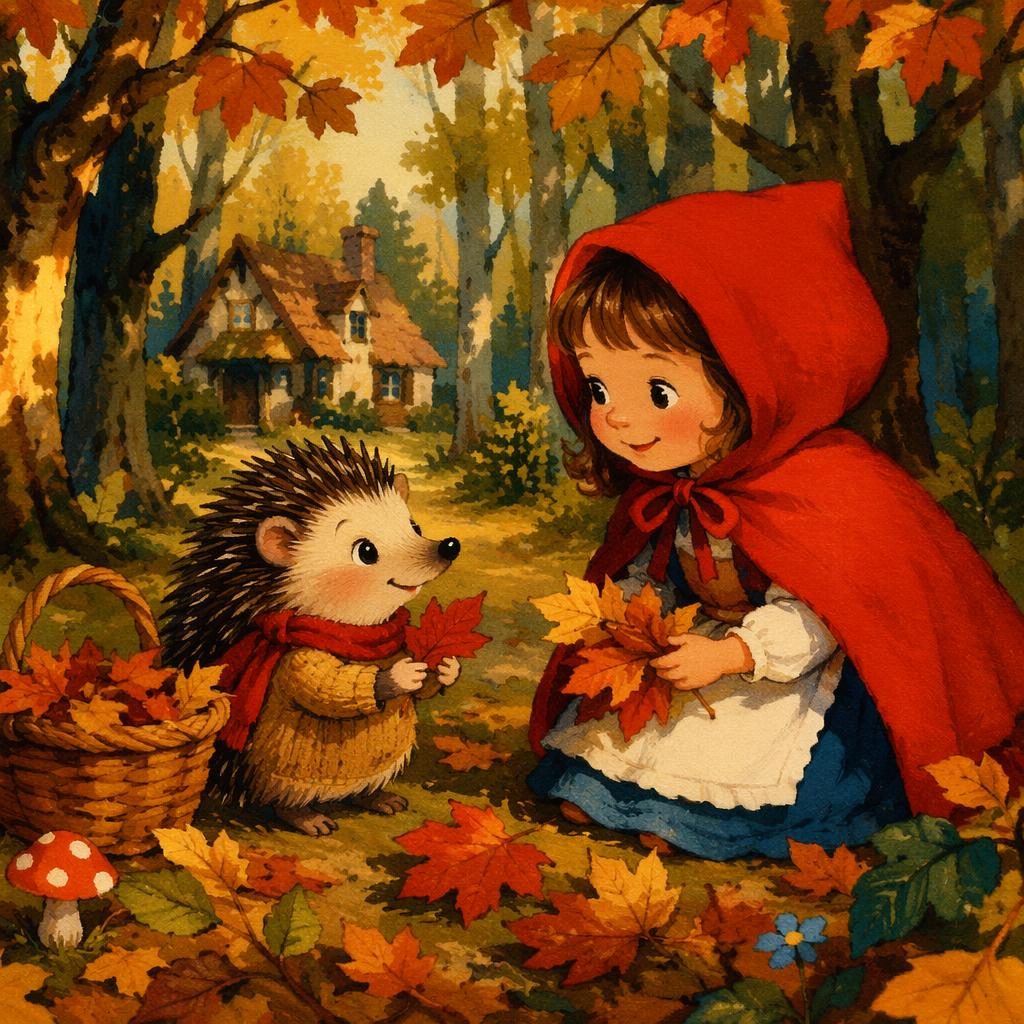 Ilustración infantil de un erizo entre hojas de otoño, estilo retro de los años 70, luz cálida y colores primarios.