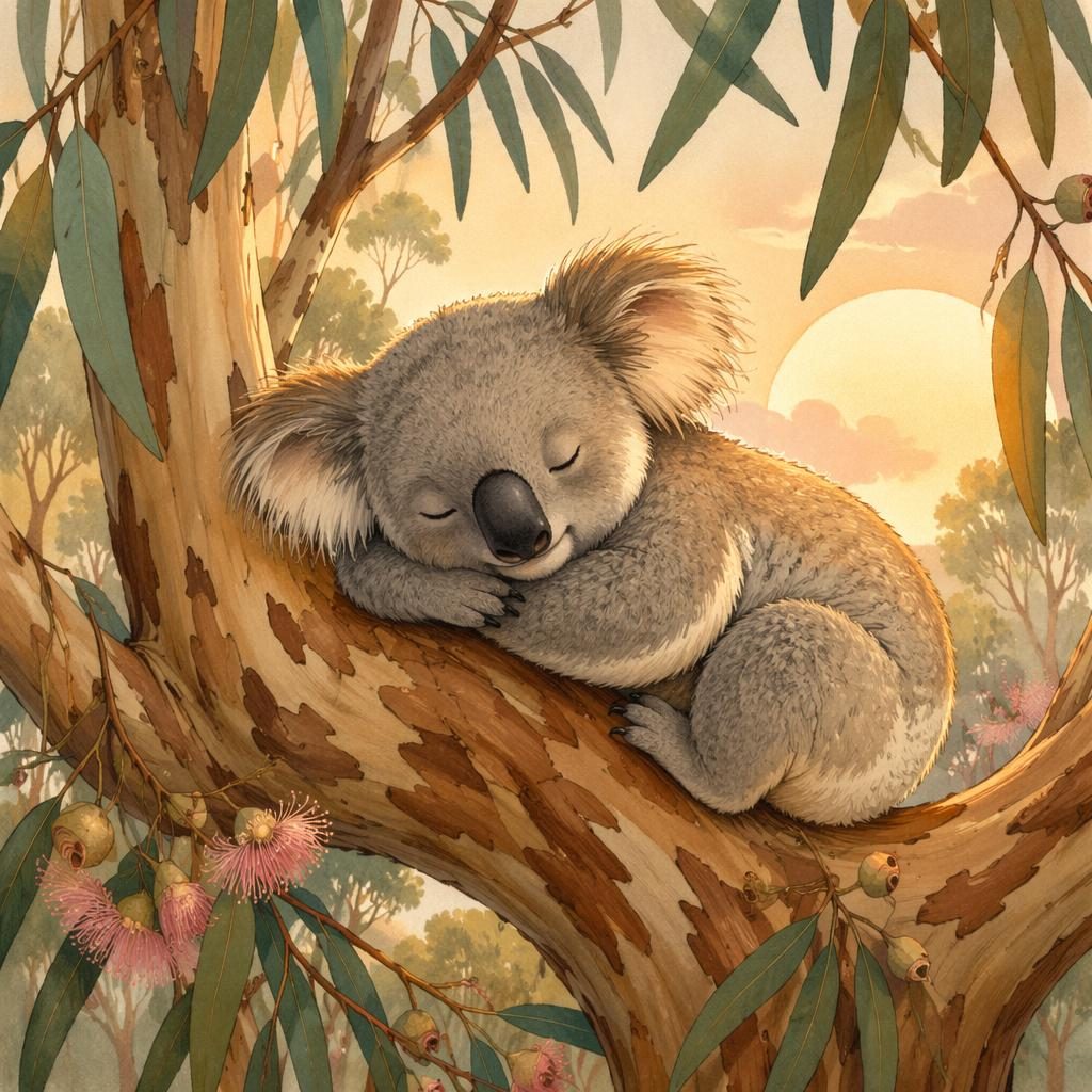 Ilustración infantil de un koala dormido entre hojas de eucalipto, con luz cálida y paleta vintage suave.