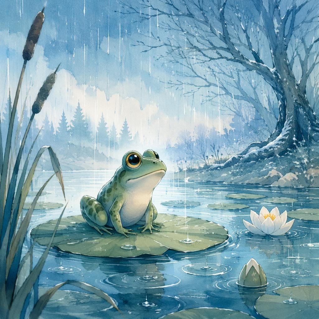 Vintage-Bilderbuchszene mit Frosch am regnerischen Teich, eisblauer Winterpalette und warmem Storybook-Licht