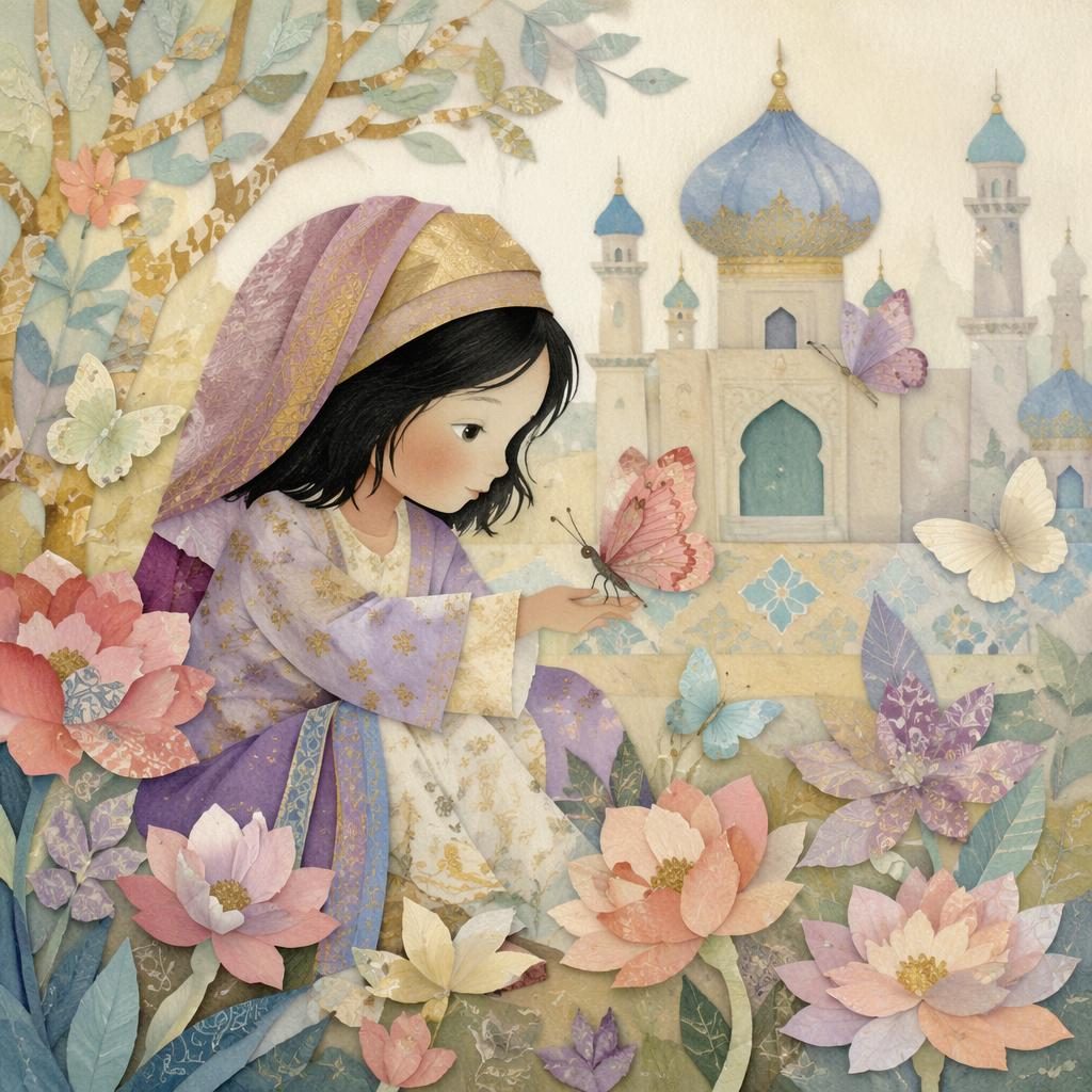 Illustration pour tout-petits d’un jardin fleuri avec papillons, en collage papier découpé pastel et lumière douce