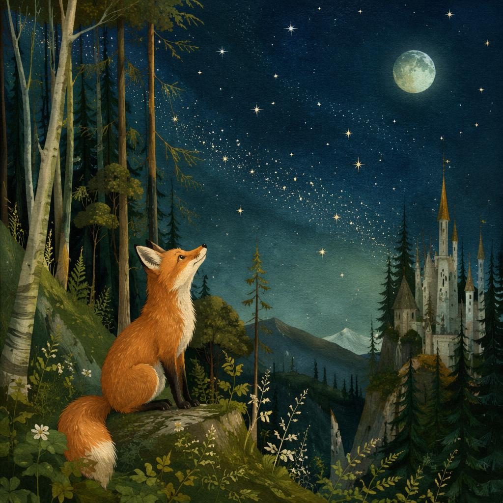 Illustration jeunesse d’un renard curieux sous un ciel nocturne, style numérique doux, forêt verte et lumière chaude