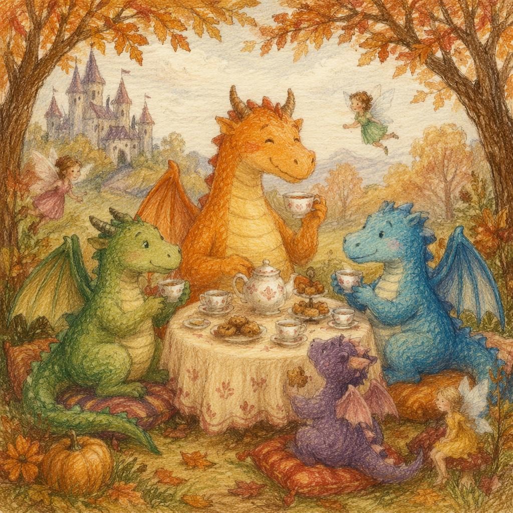 Illustration enfantine au crayon d’un dragon joyeux prenant le thé en automne, ambiance douce et palette terreuse