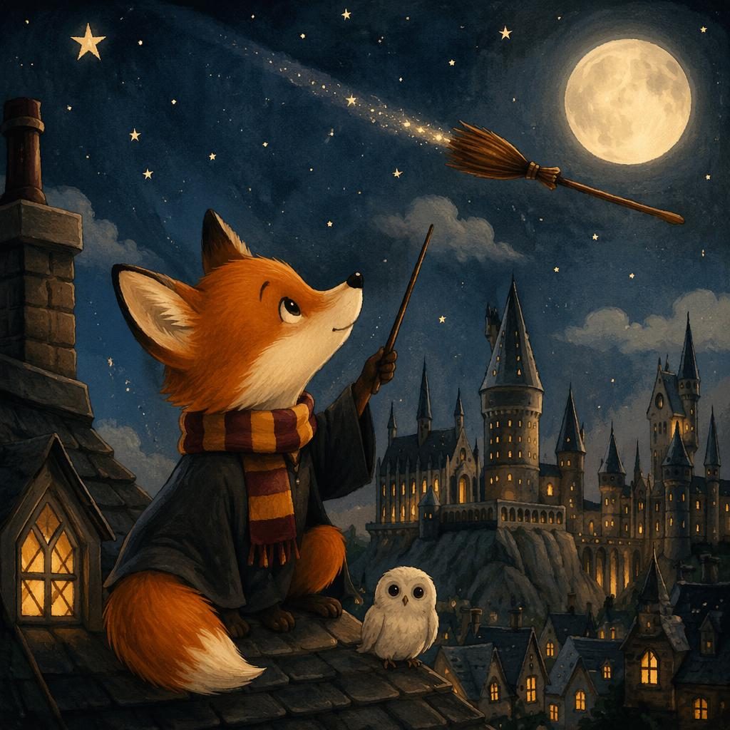 A curious fox looks up at a starry night sky in a playful classic children's book illustration with muted vintage colors.