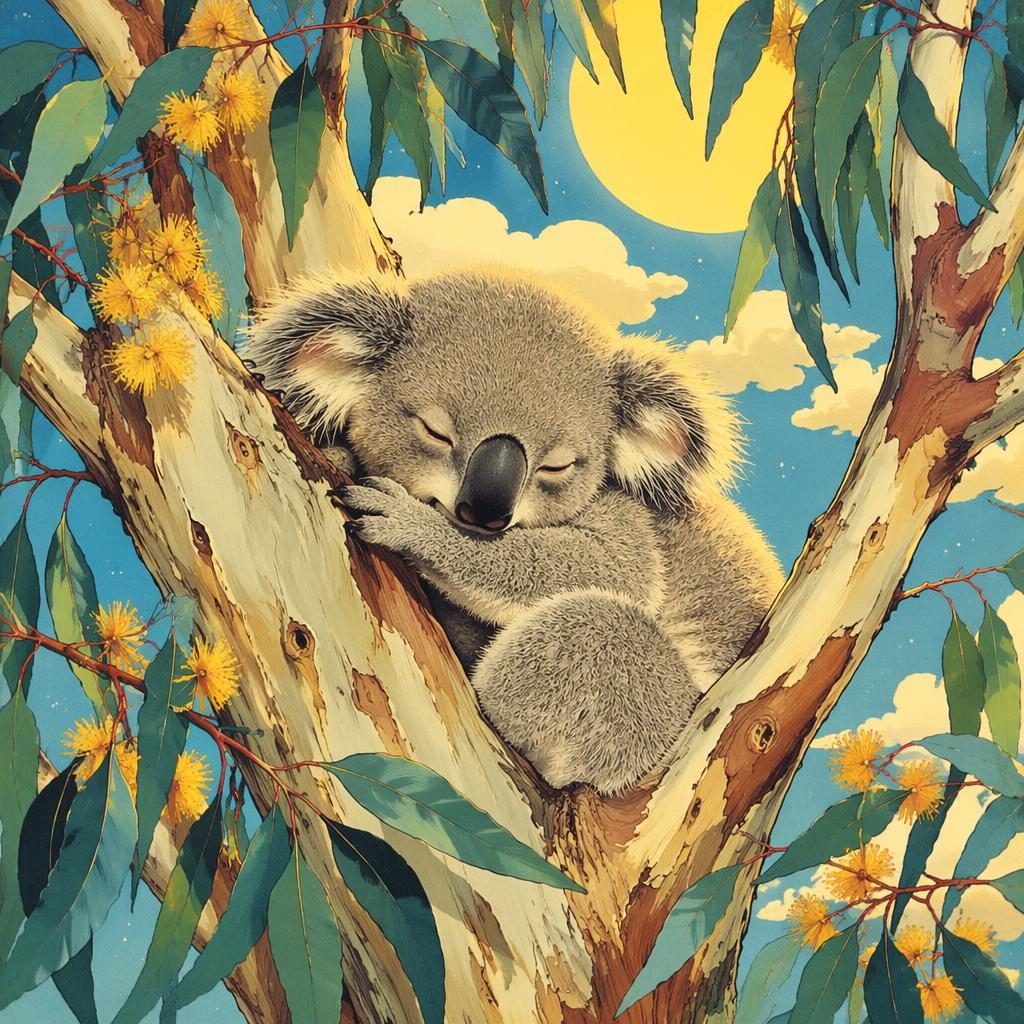Retro 1970s-style children's book illustration of a sleepy koala napping in a eucalyptus tree with bright colors