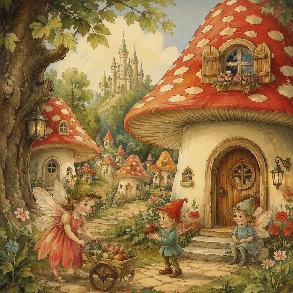 Children's book illustration of a fairy mushroom village with tiny brave characters, warm light, and a muted vintage palette