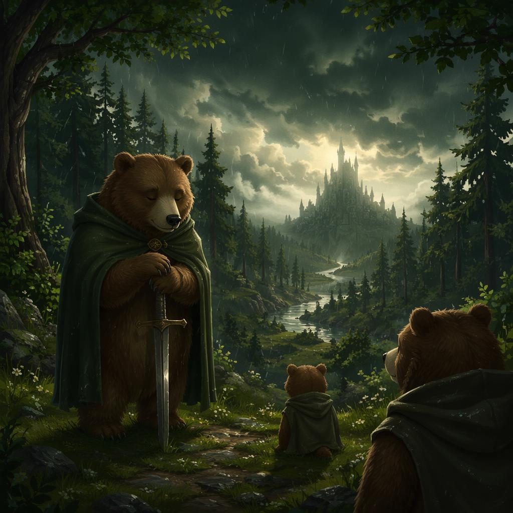 Cute sleepy bear in a green forest with warm storybook light, brave mood, and charming digital children's book style