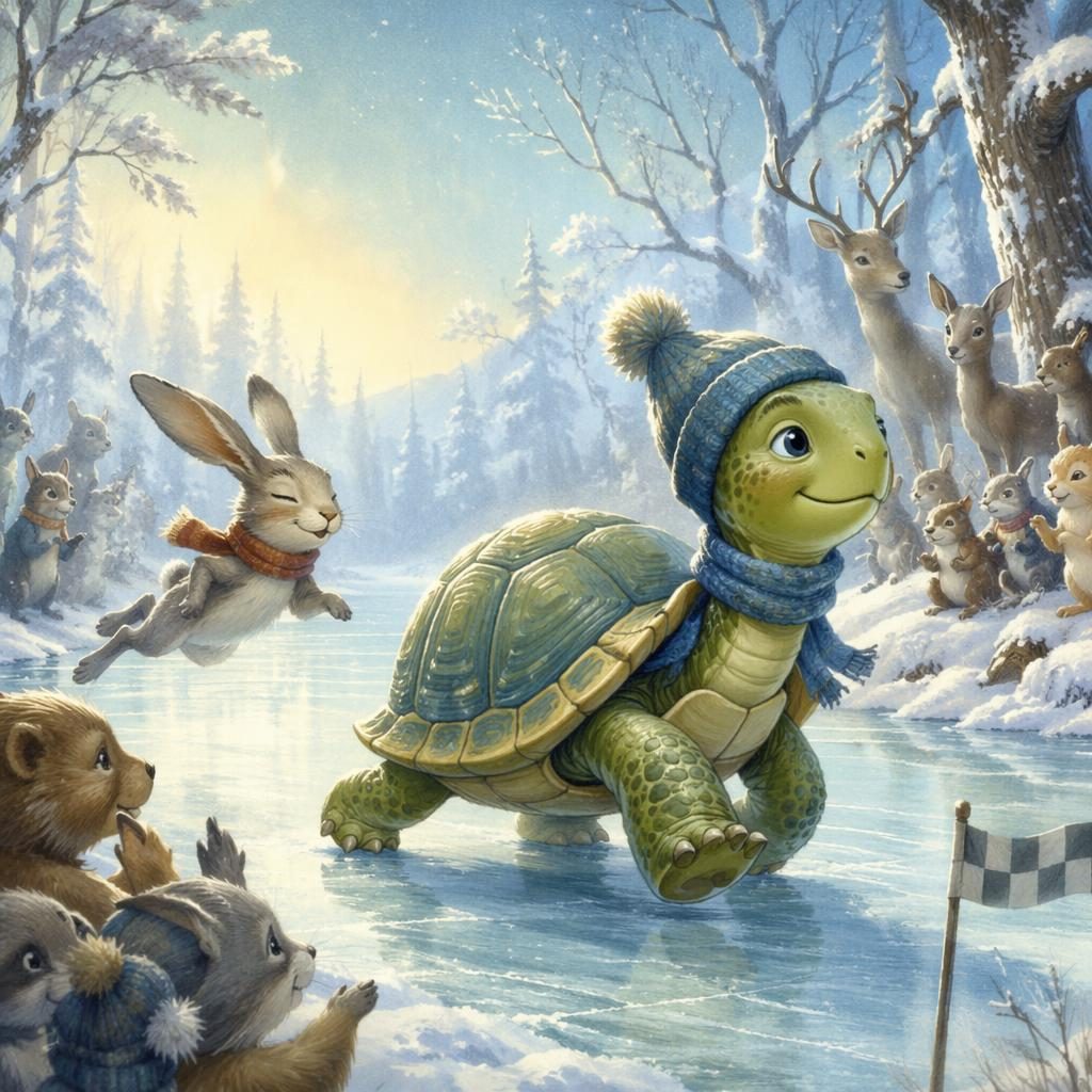 Illustration jeunesse vintage des années 1950 montrant une tortue en course lente dans un décor d’hiver bleu glacé