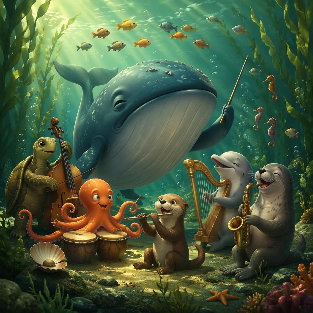 Ilustración infantil digital de una ballena con amigos del océano, estilo tierno y juguetón, luz cálida y paleta verde bosque.