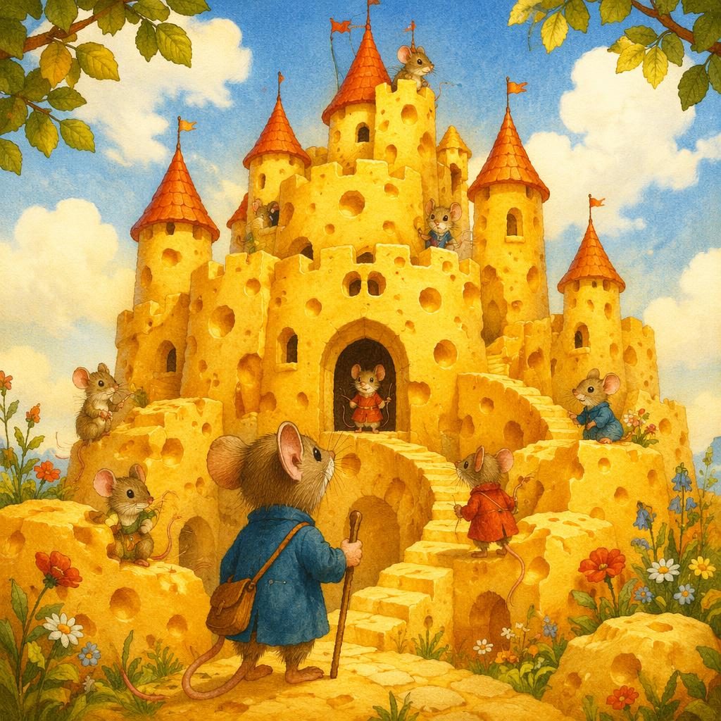 A retro 1970s-style storybook illustration of a mouse beside a magical cheese castle in bright primary colors.