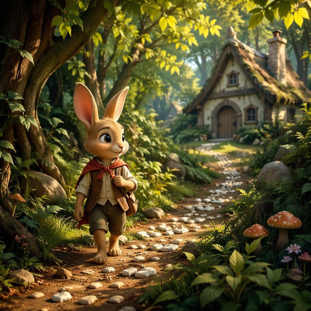 Un lapin courageux explore un jardin verdoyant, lumière chaude, style illustration jeunesse douce et familiale.