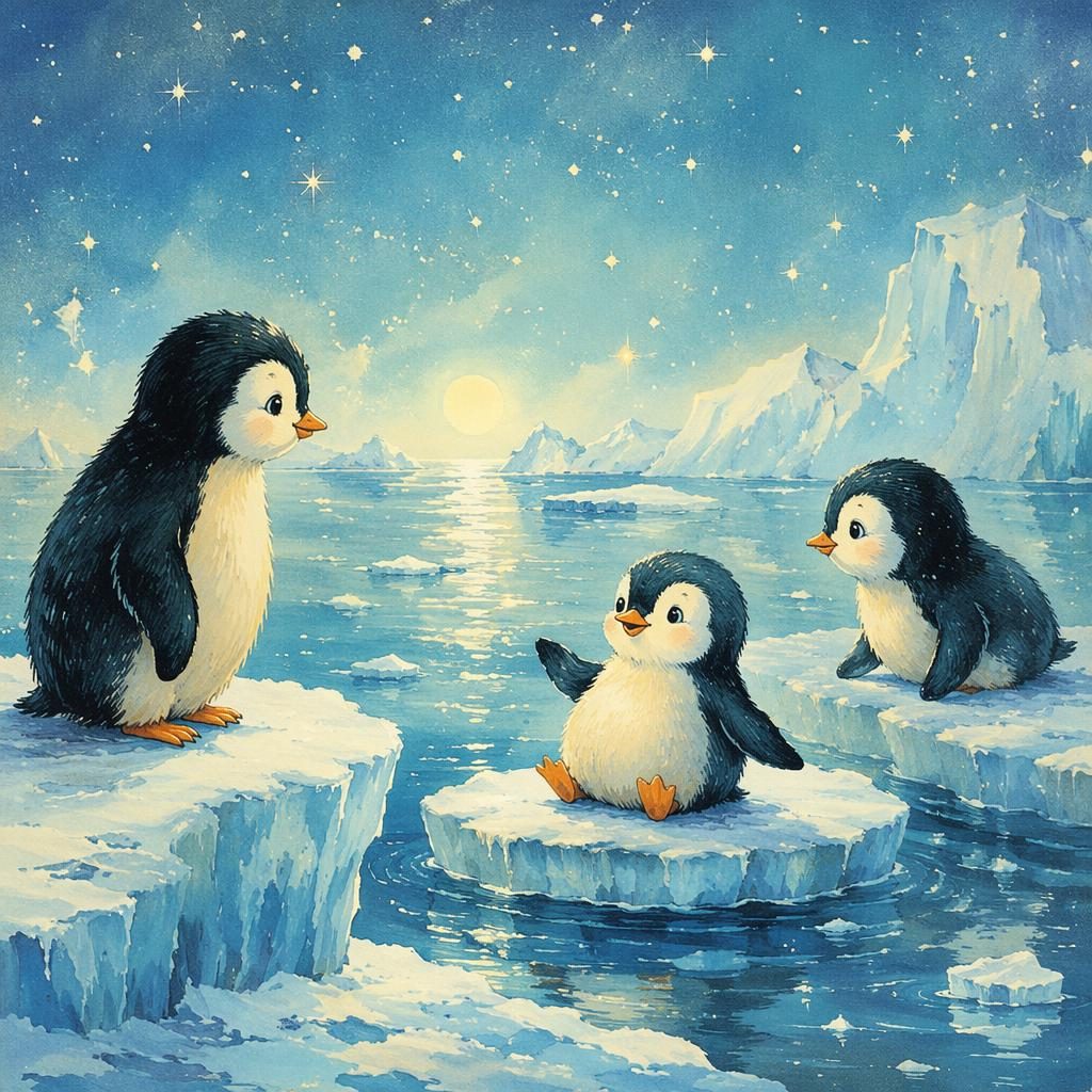 Vintage-Kinderbuchillustration mit zwei Pinguinfreunden auf blauem Wintereis in verträumter, warmer Lichtstimmung