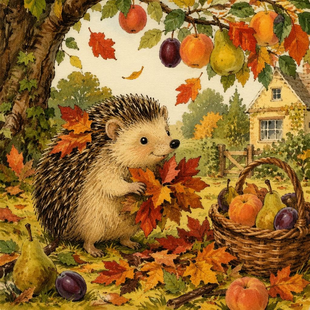 Retro 1970s-style children's book illustration of a charming hedgehog in autumn leaves with bright colors and dreamy light.