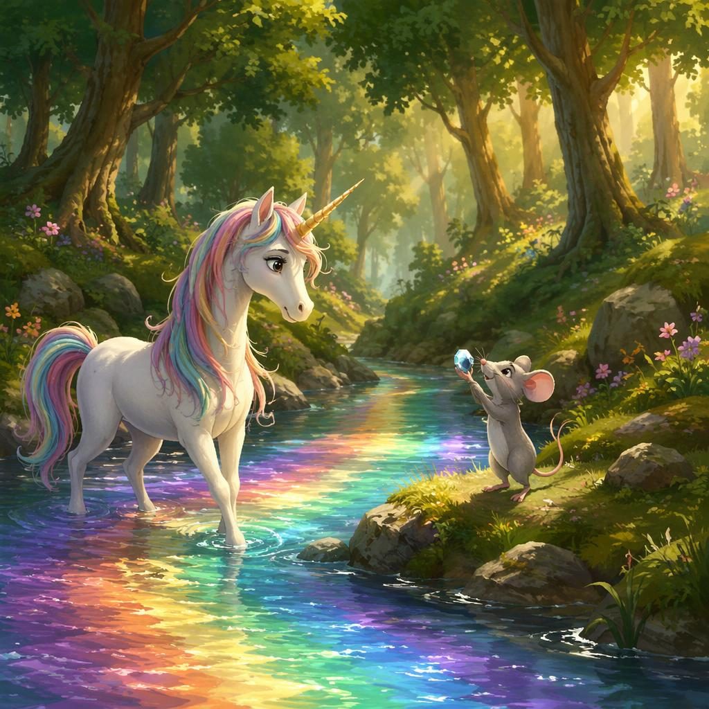 Cute unicorn by a rainbow river in a forest, with warm storybook light and a brave, family-friendly mood