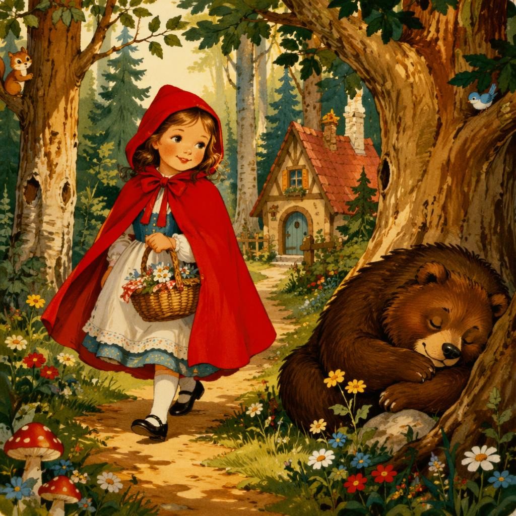 Ilustración infantil retro de un oso soñoliento en el bosque, con luz cálida, estilo cuento de los años 70.