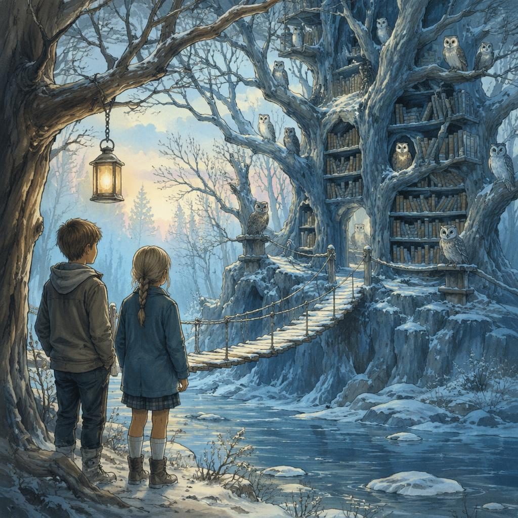 Vintage-style owl in a quiet winter-blue library with warm storybook light, surrounded by books in a cozy scene.