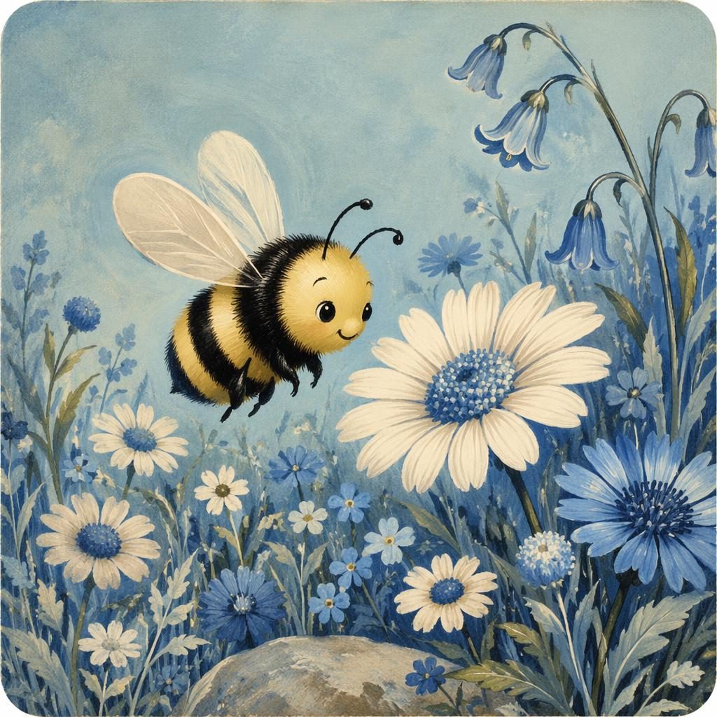 Vintage 1950s-style board book illustration of a gentle bee among meadow flowers in an ice-blue winter bedtime scene