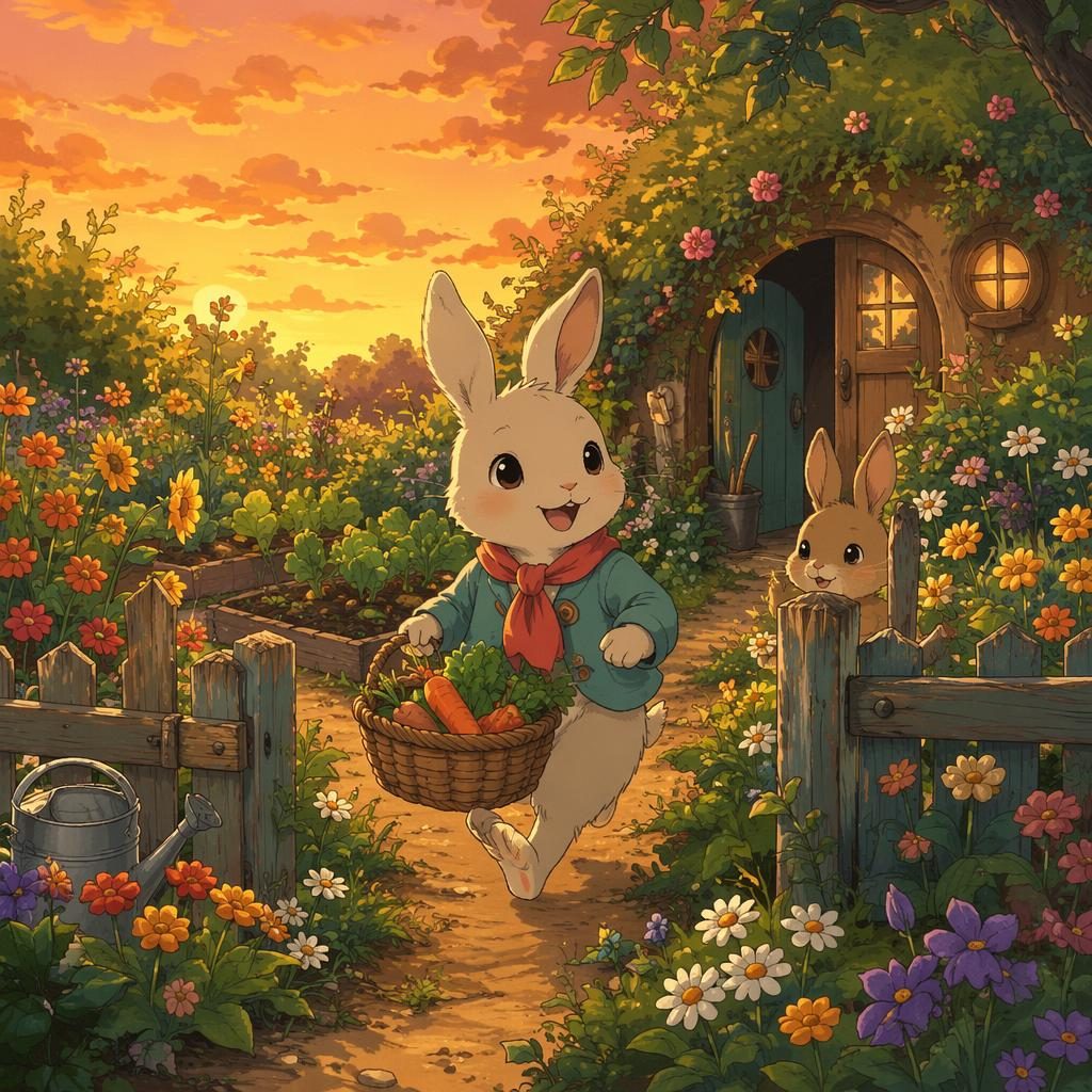 Ilustración infantil de un conejo en un jardín al atardecer, estilo japonés inspirado en Ghibli, tono alegre y cálido.