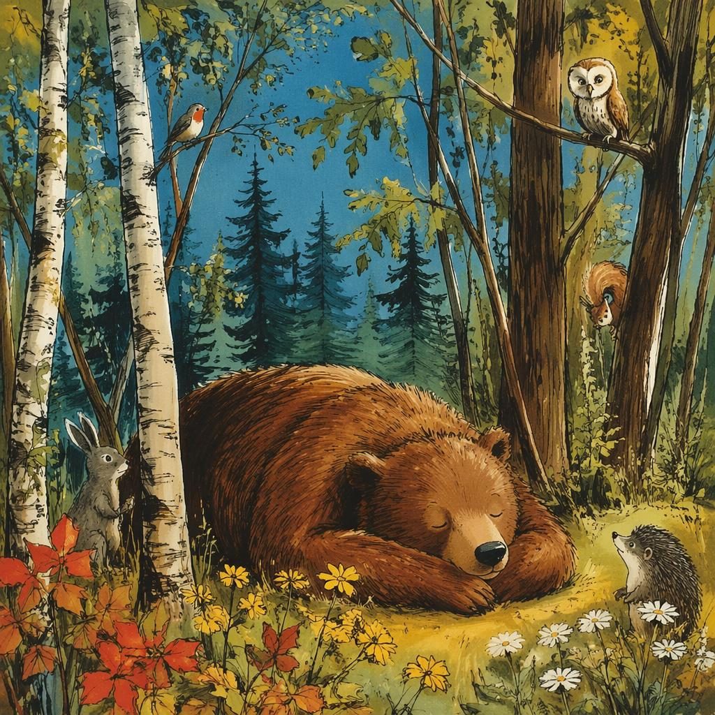 Retro 1970s storybook illustration of a sleepy bear resting in a quiet forest with bright primary colors