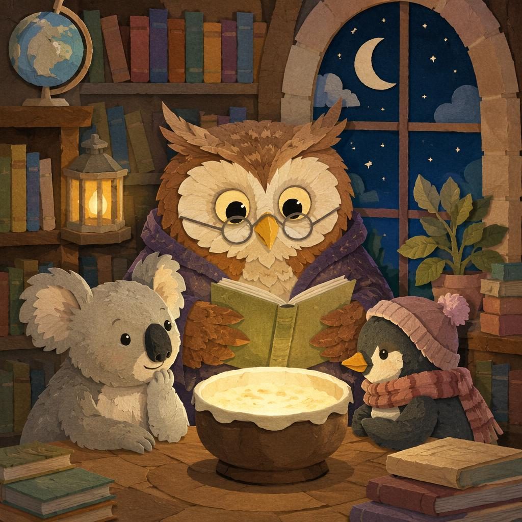 A wise owl in a cozy library, surrounded by books in a soft pastel paper-cut collage style for a children's chapter book.