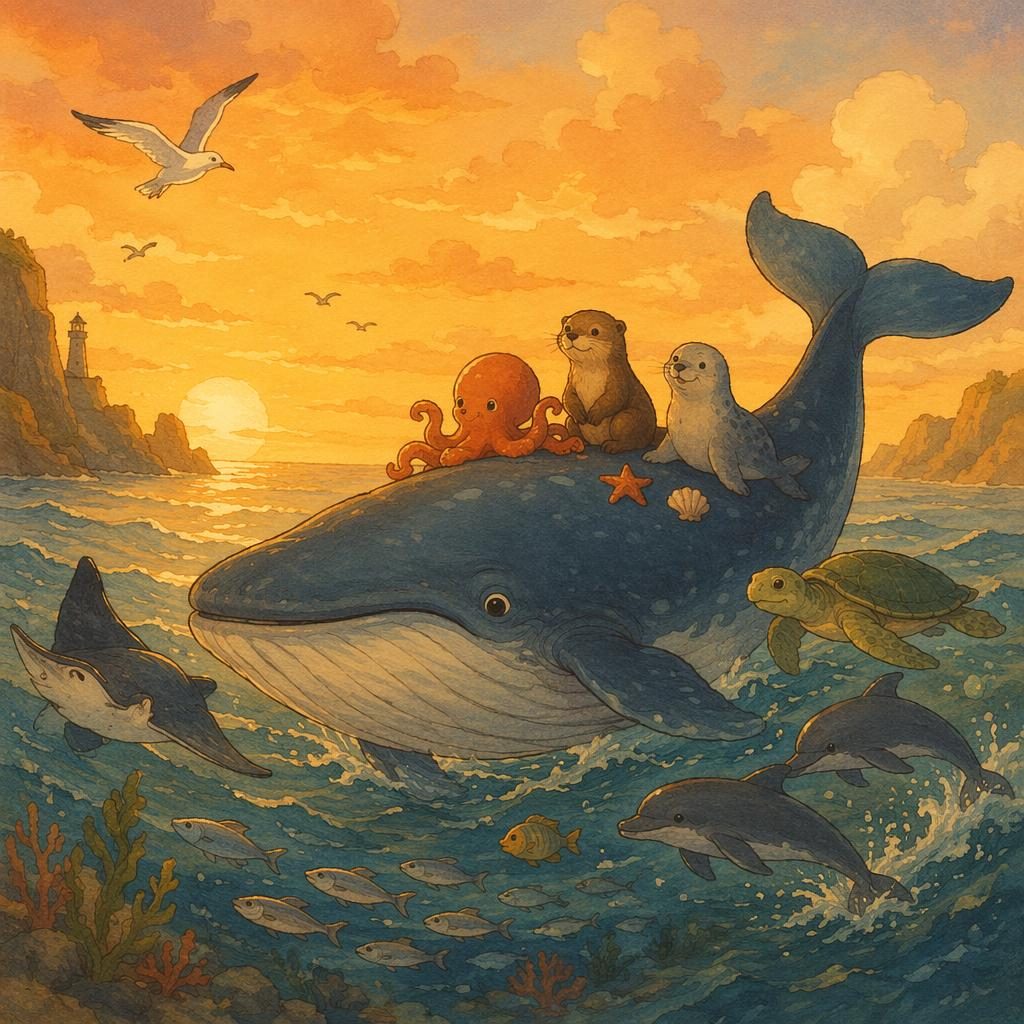 Cute whale and gentle ocean friends in a warm sunset sea, illustrated for a baby board book in a soft Japanese-inspired style.