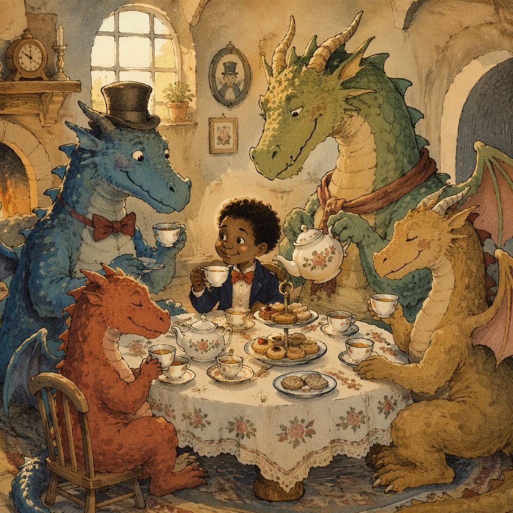 Whimsical children's book illustration of friendly dragons having a tea party in warm storybook light.