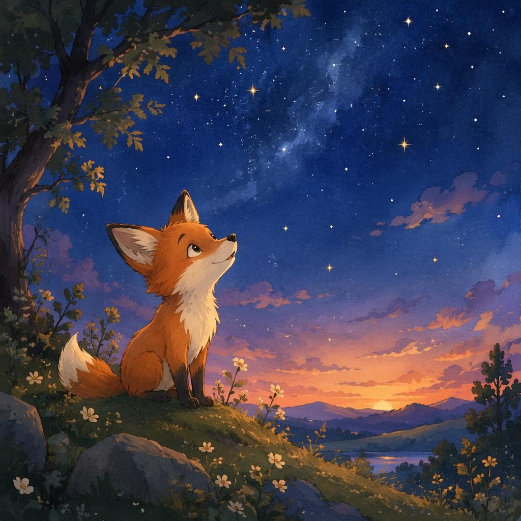 A curious fox gazes at the night sky in a playful Japanese-inspired storybook scene with warm sunset colors.