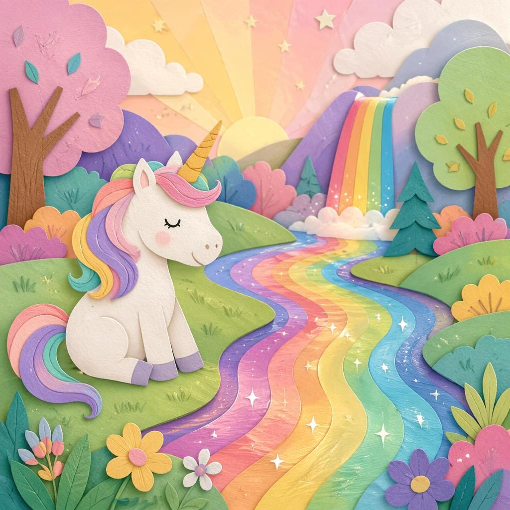 Paper-cut style unicorn by a rainbow river in soft pastel colors, dreamy collage scene for a toddler board book.