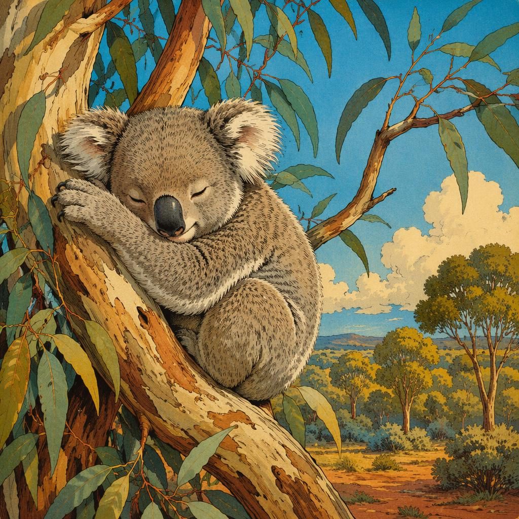 Illustration jeunesse rétro années 1970 d’un koala endormi dans un eucalyptus, palette primaire vive et lumière douce