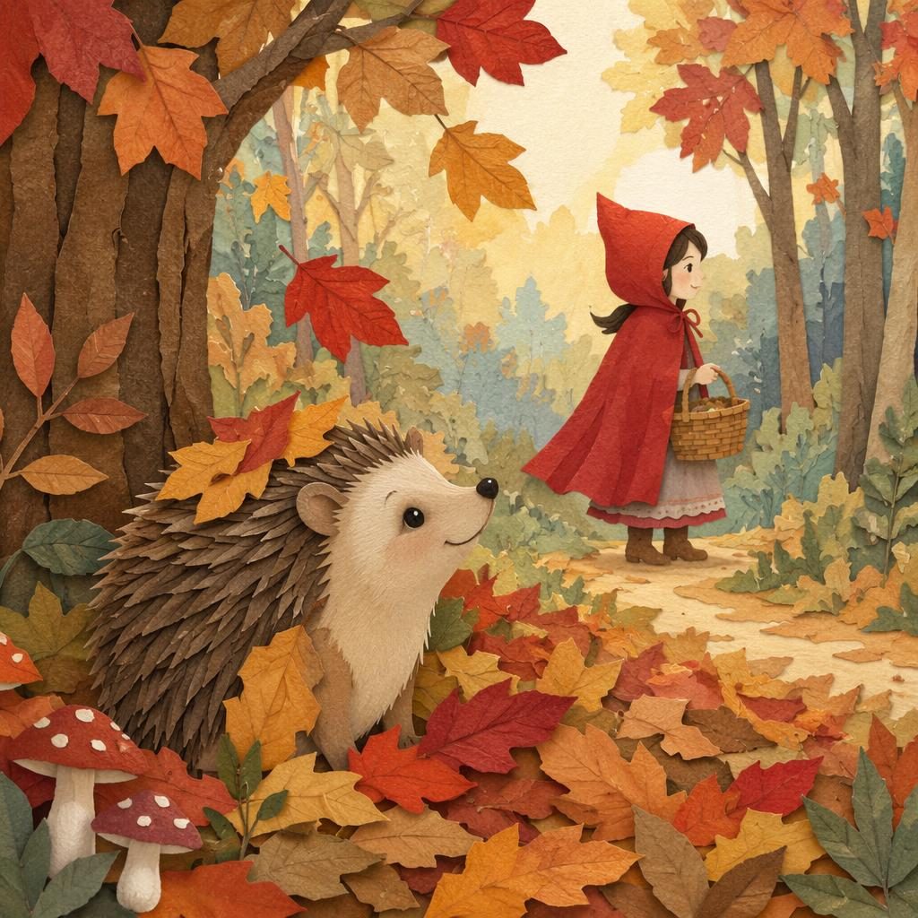 Ilustración infantil de un erizo entre hojas de otoño, estilo collage de papel, tonos pastel y luz cálida.
