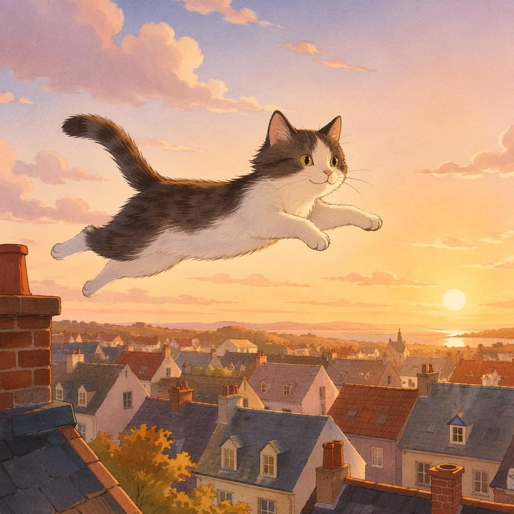 Playful cat leaping over rooftops at sunset in a warm Ghibli-inspired children's book illustration.