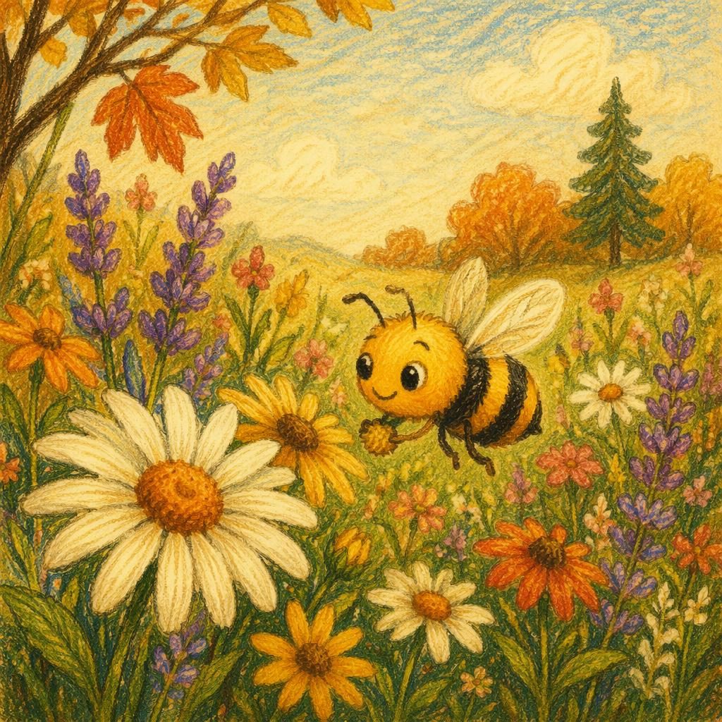Ilustración infantil a crayón de una abeja valiente en un prado con flores, luz cálida y paleta otoñal
