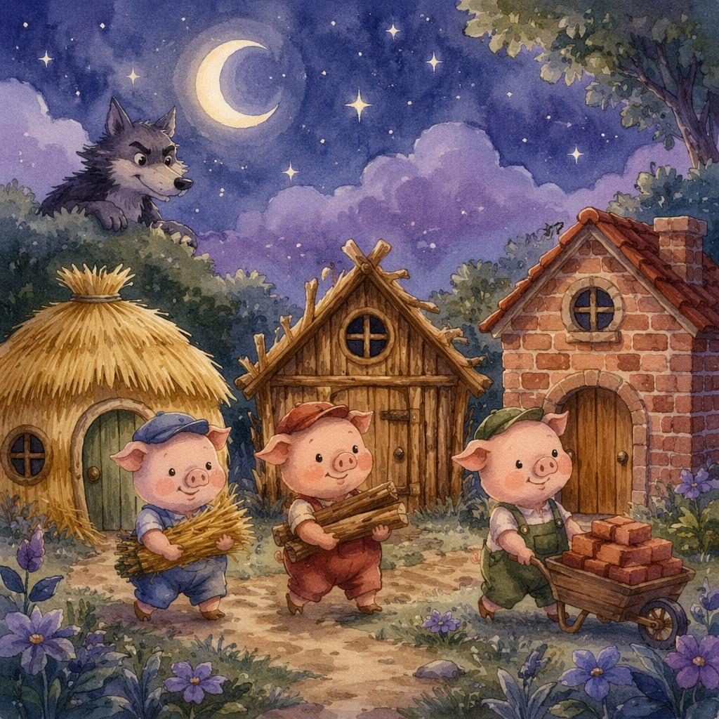Ilustración infantil en acuarela de un zorro curioso bajo un cielo nocturno lavanda, con luz cálida y ambiente tierno.