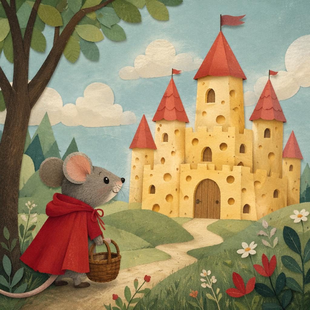 Illustration en collage papier d’une petite souris devant un château de fromage, aux tons pastel et à l’ambiance douce.