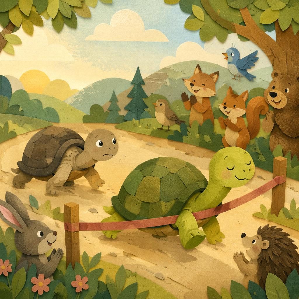 Ilustración infantil tipo collage de una tortuga en carrera lenta, con estilo de cuento, luz cálida y tonos pastel.