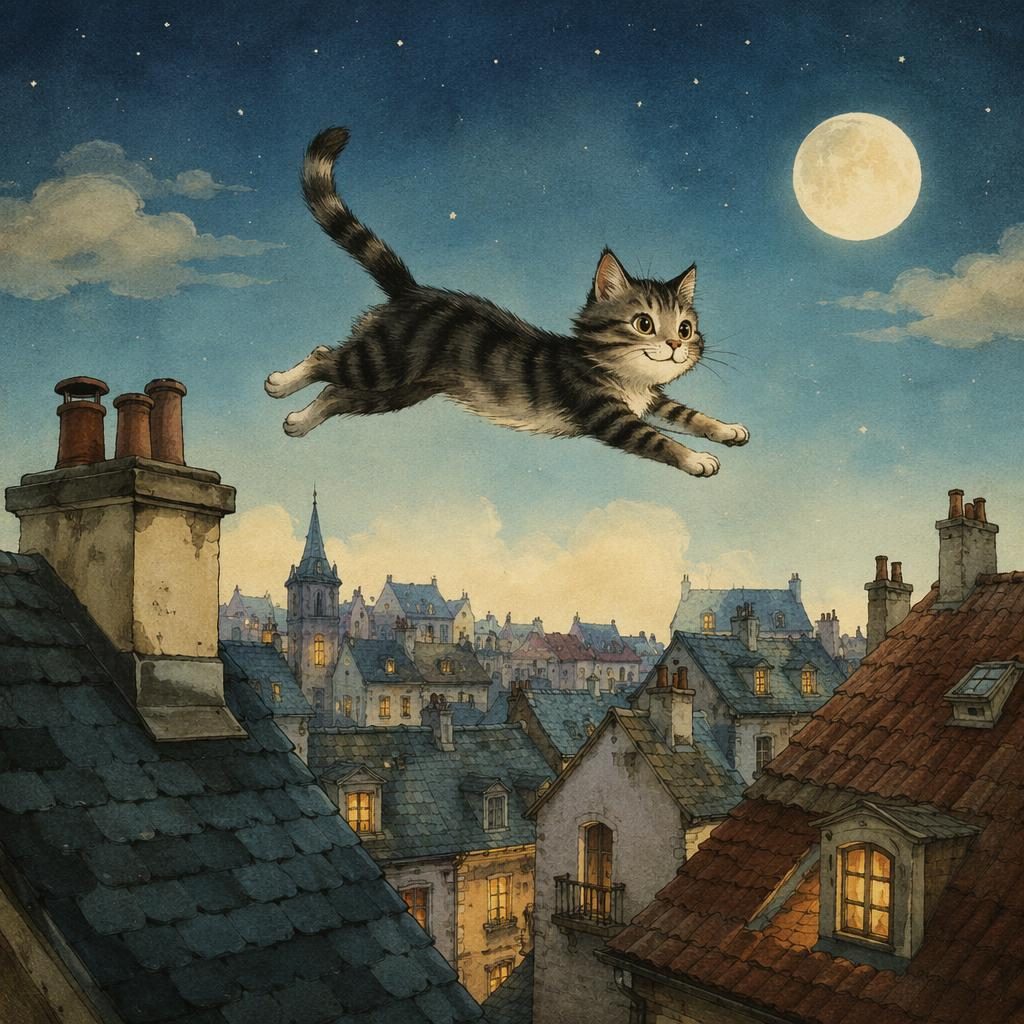Illustration jeunesse d’un chat sautant sur des toits, palette vintage douce et lumière chaleureuse.