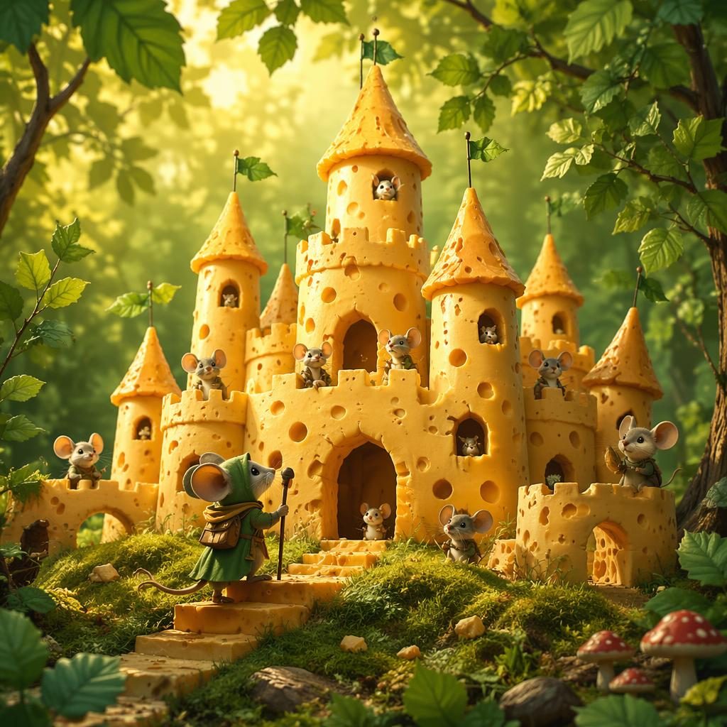 Niedliche Maus vor einem Käse-Schloss im grünen Wald, digitale Kinderbuch-Illustration mit warmem Licht