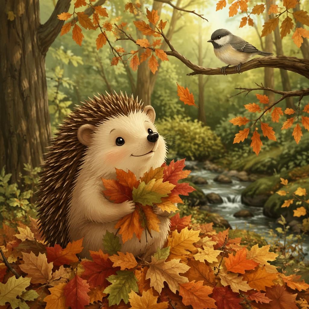 Cute hedgehog in autumn leaves in a forest, digital children's book illustration with warm light and green tones.