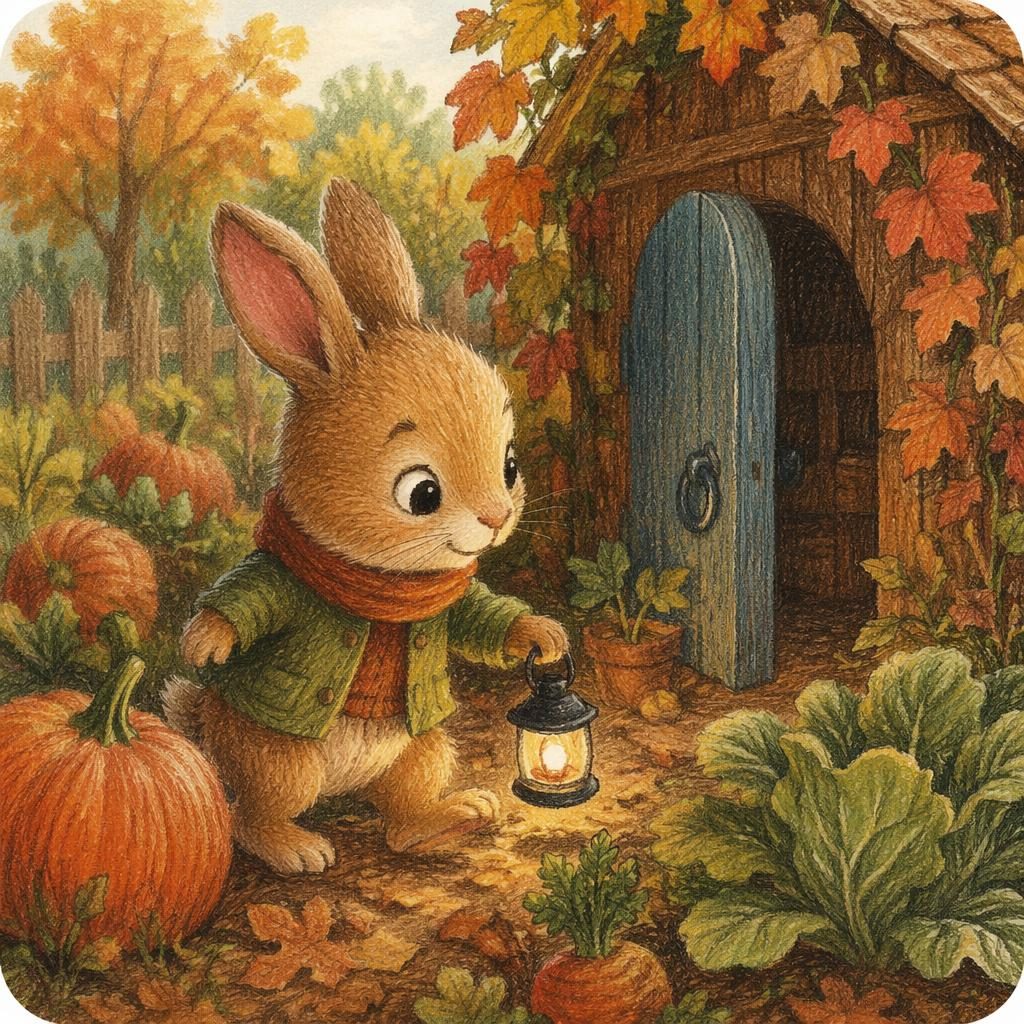 Illustration enfantine d’un lapin dans un jardin d’automne, style crayon dessiné à la main, ambiance douce et ludique.