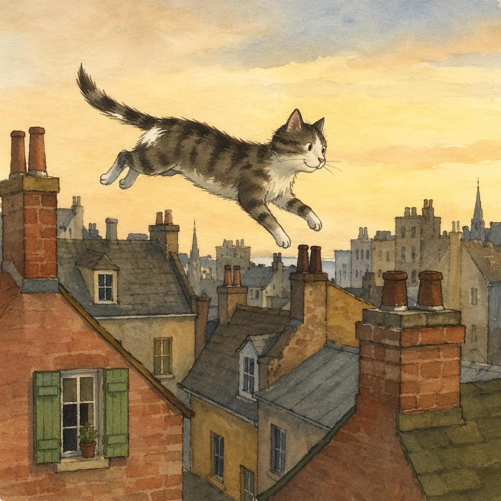 A charming cat leaps across muted vintage rooftops at dusk in a warm classic children's book illustration style.