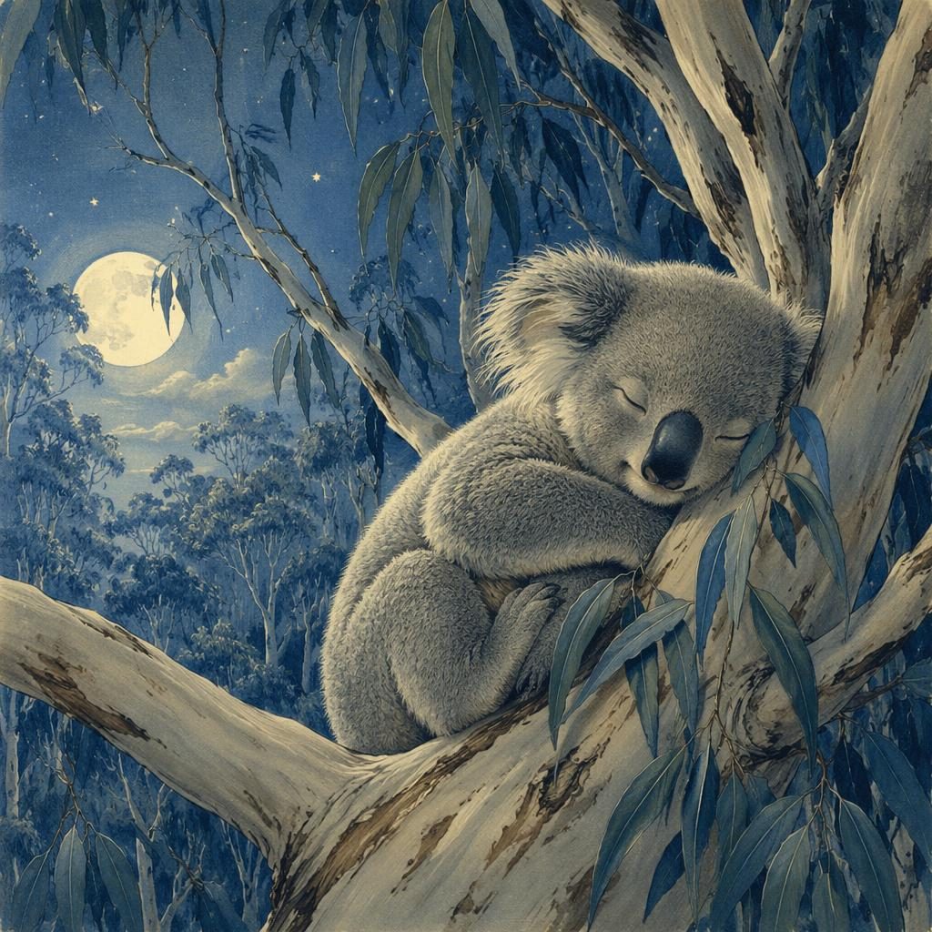 Illustration jeunesse d’un koala endormi dans un eucalyptus, ambiance coucher cosy, palette bleu glacé, style vintage 1950.