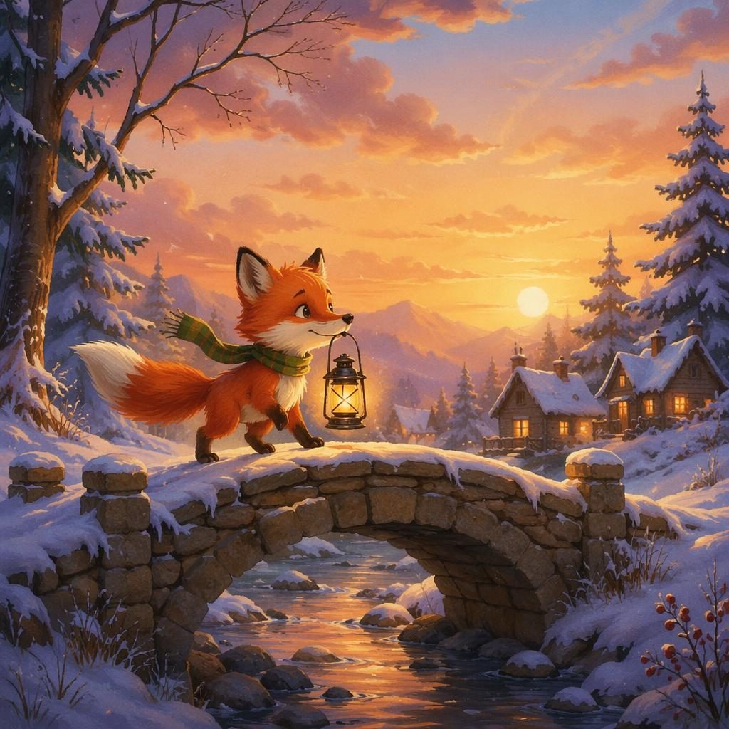 A little fox carries a lantern in its mouth while crossing a snowy bridge at twilight in a warm storybook scene.